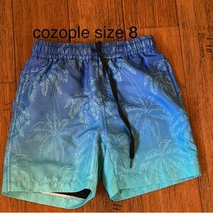Blue Gradient Palm-Print Boys Swim Shorts with built in boxer briefs